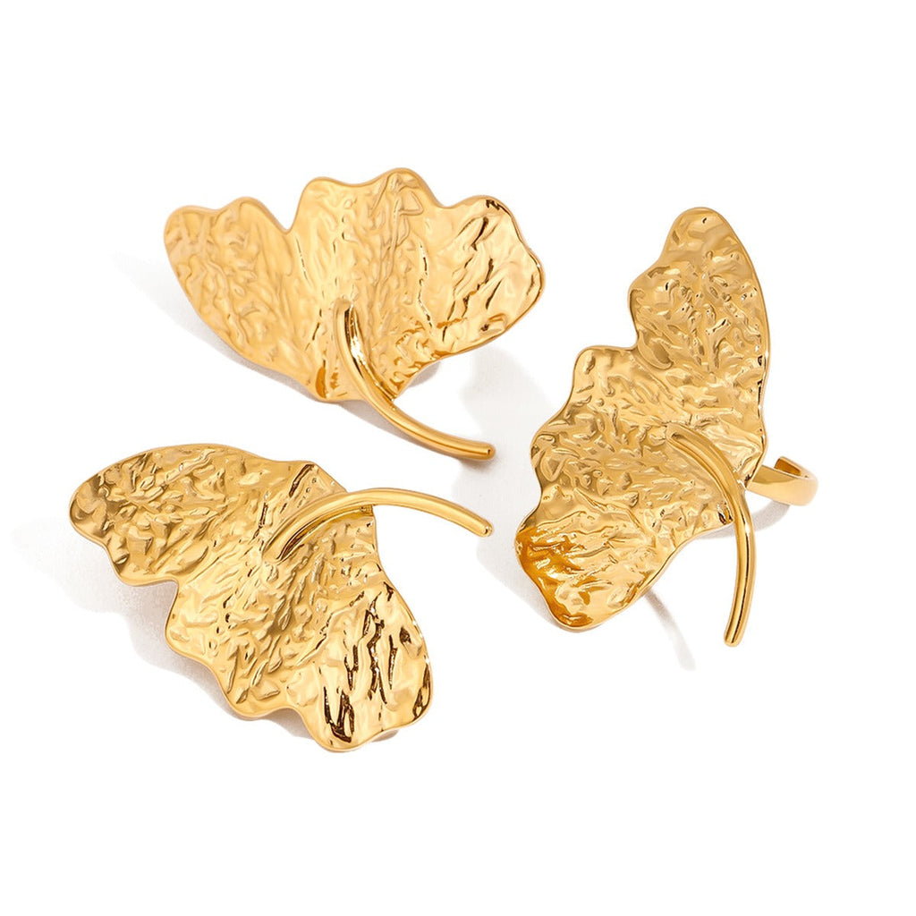 18K gold irregular leaves with texture design simple and unique earring ring set