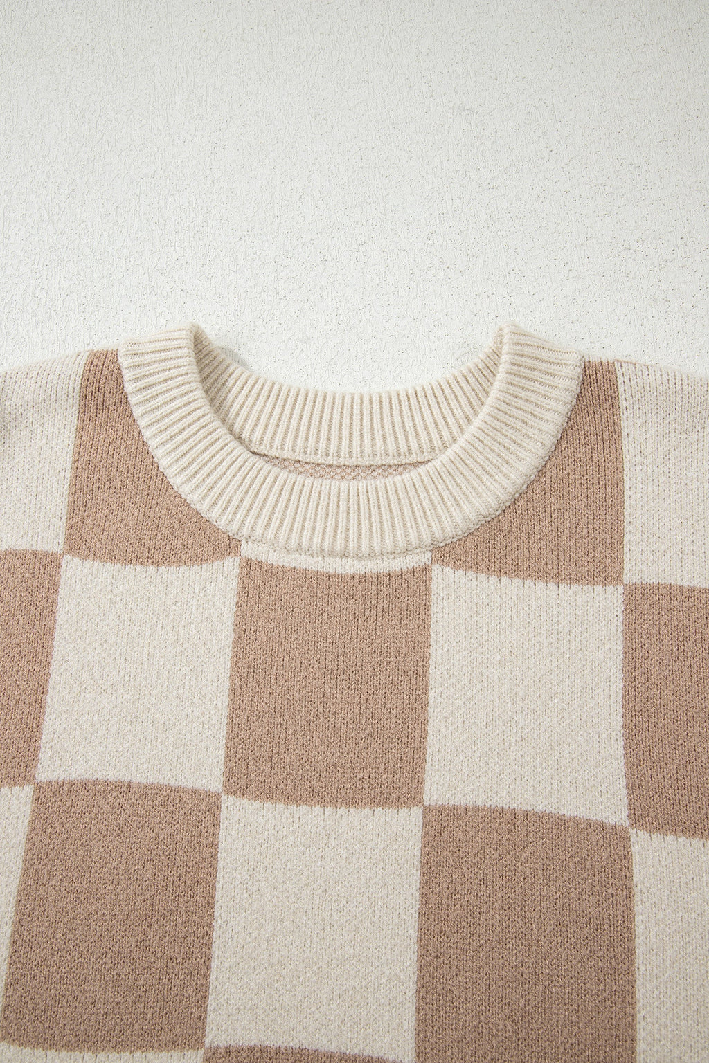 Parchment Checkered Pattern Ribbed Trim Knit Baggy Sweater