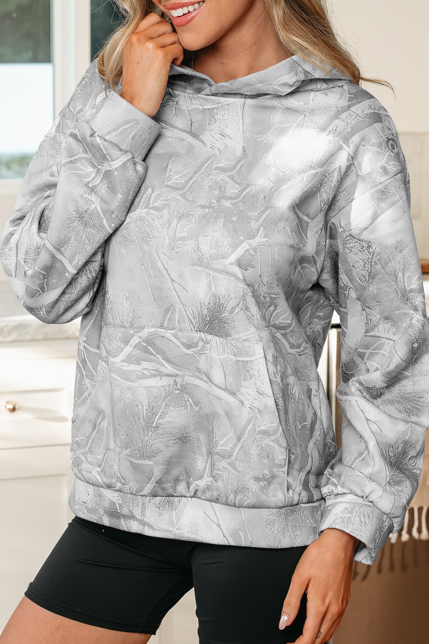 Gray Camouflage Woodland Print Oversized Sporty Hoodie