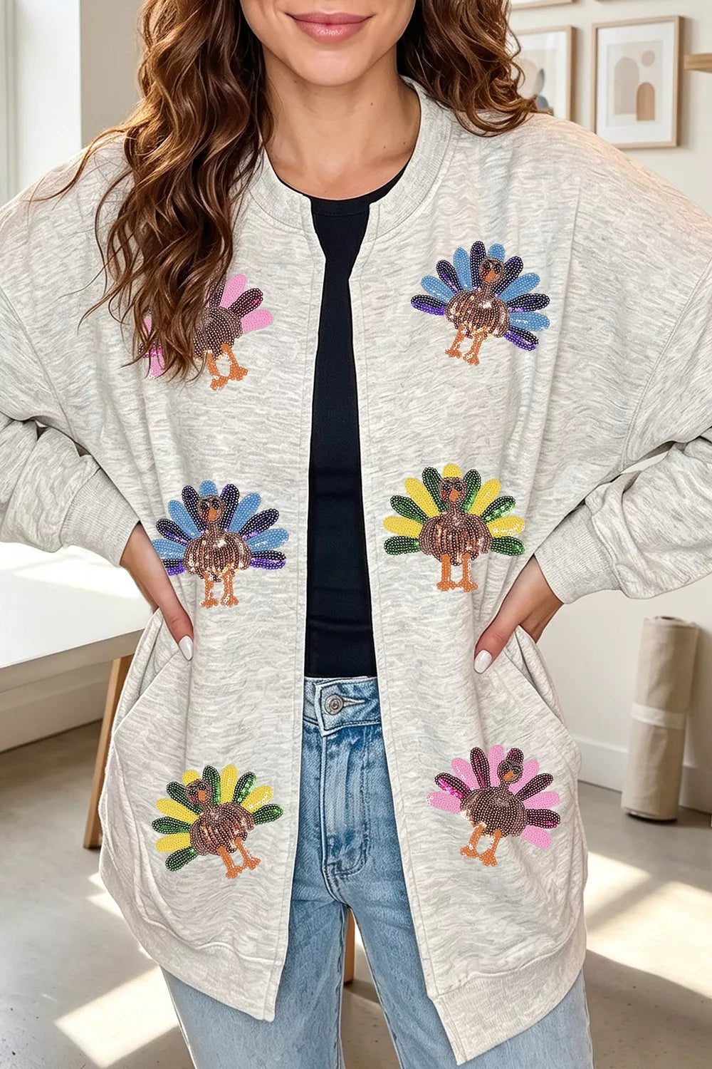 Sequin Turkey Graphic Relaxed Open Front Sweatshirt