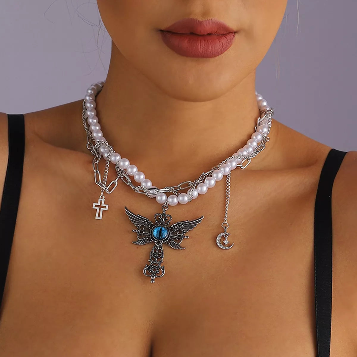 Gothic Pearl Double Layered Necklace with Wing Pendant