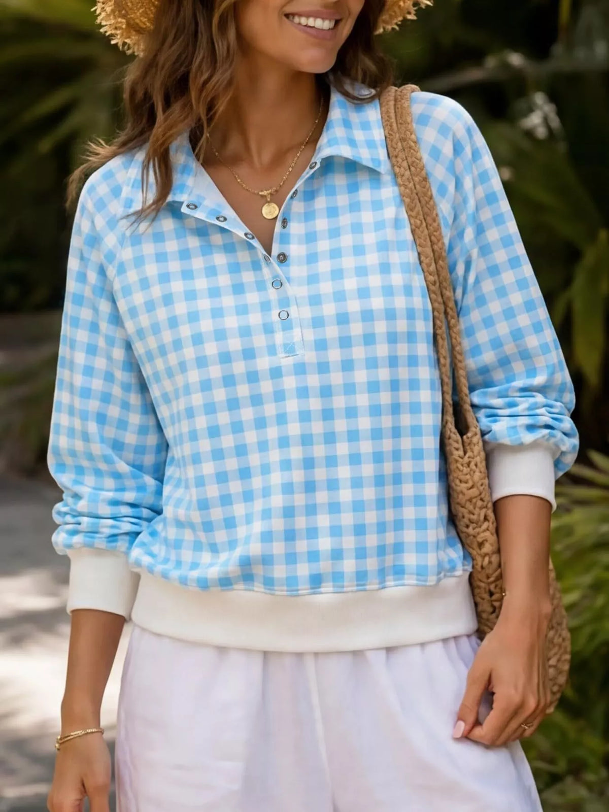 Gingham Plaid Collared Sweatshirt with Ribbed Hem