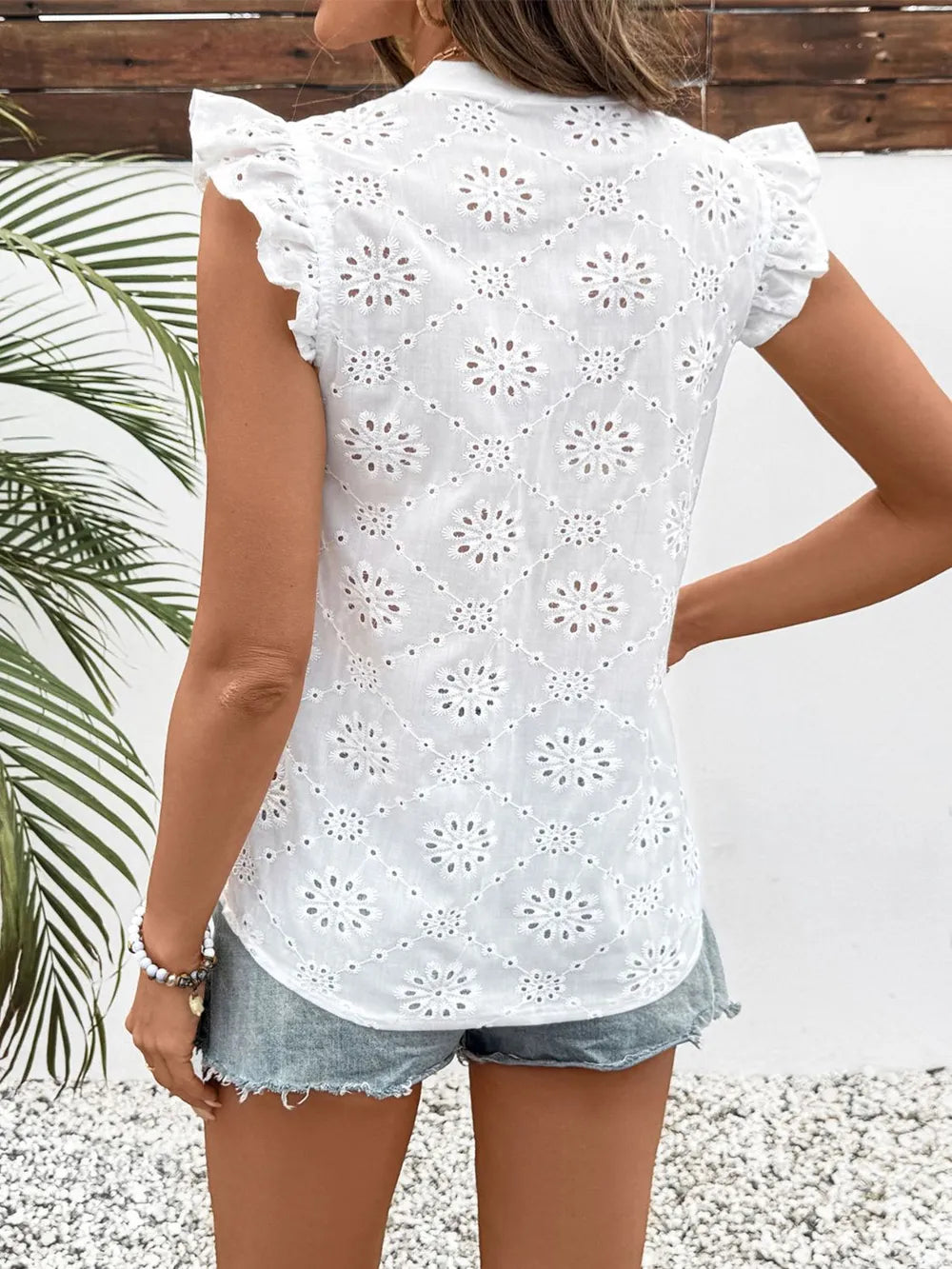 Eyelet Notched Neck Ruffled Cap Sleeve Blouse