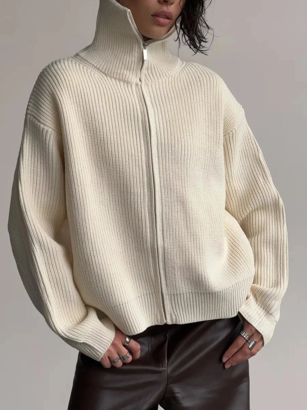 Zip-Up Ribbed Knit Cardigan