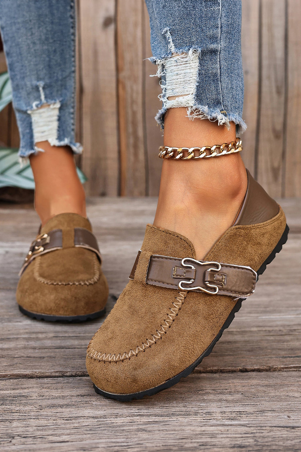 Khaki Faux Suede PU Leather Patchwork Retro Buckle Slip On Shoes