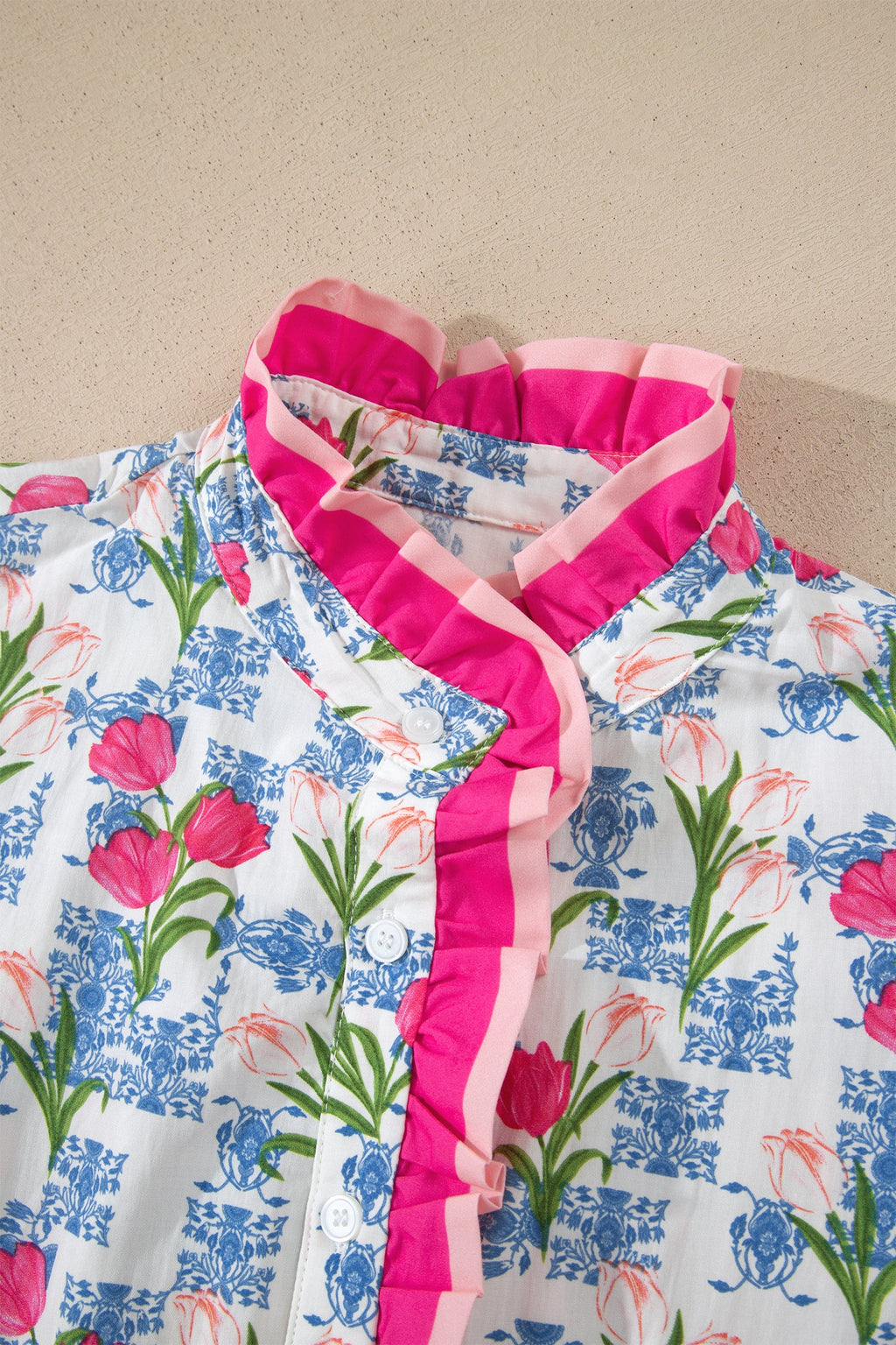 Rose Floral Print Color Block Striped Trim Flutter Sleeve Half Button Blouse