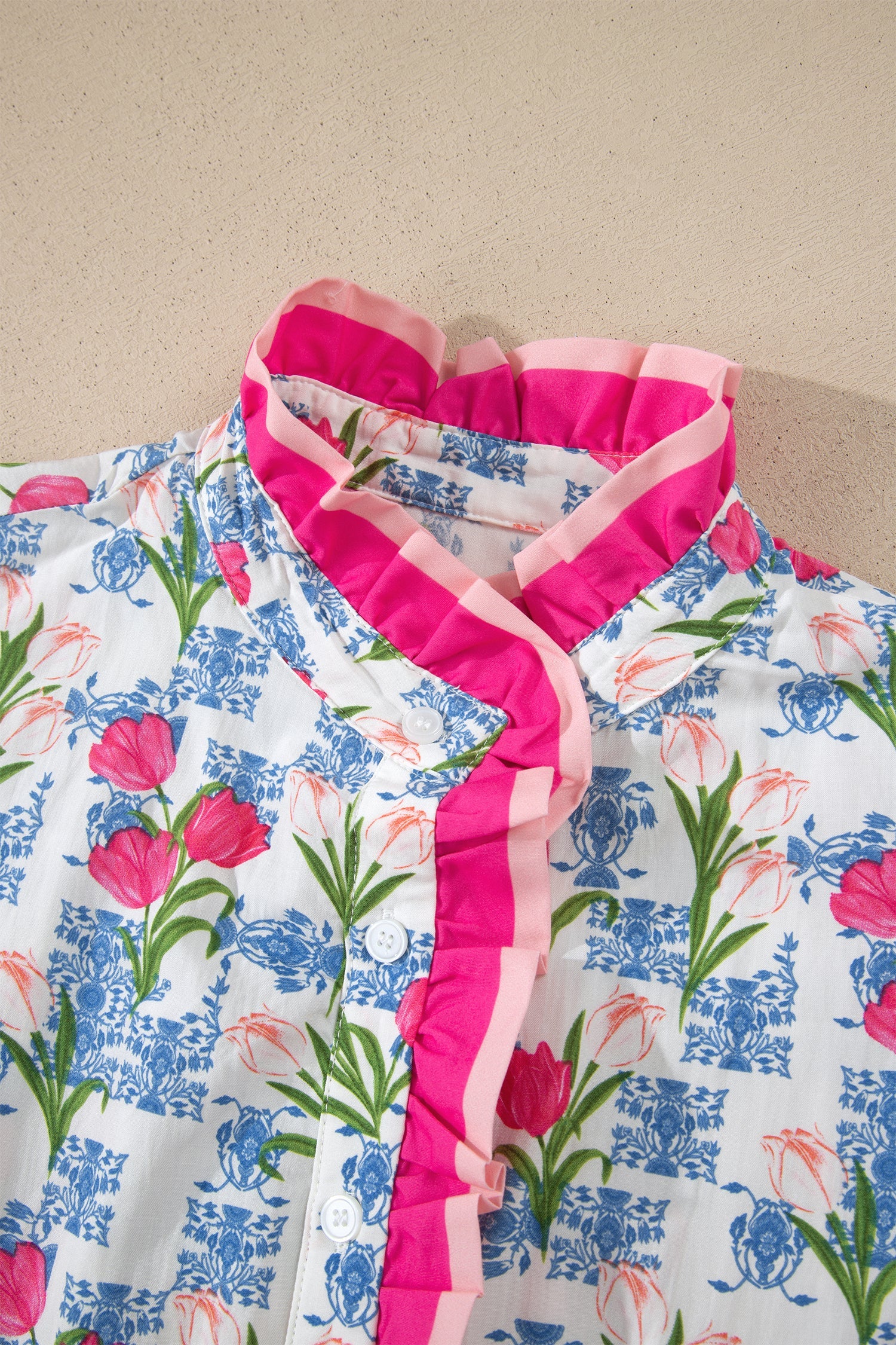 Rose Floral Print Color Block Striped Trim Flutter Sleeve Half Button Blouse