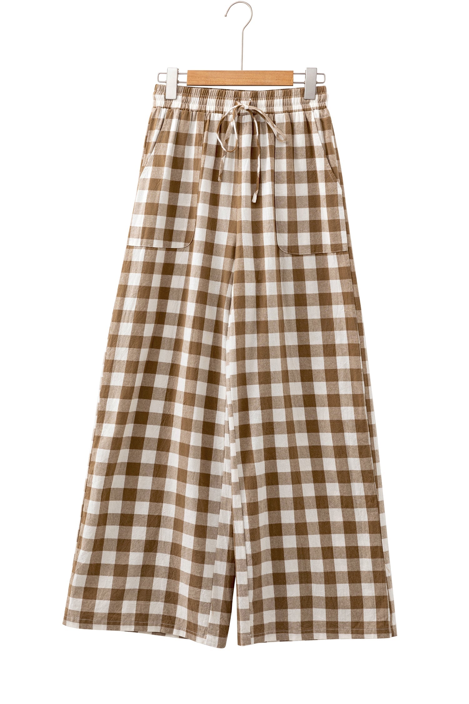 Brown Gingham Plaid Tie Elastic Waist Shift Pants
