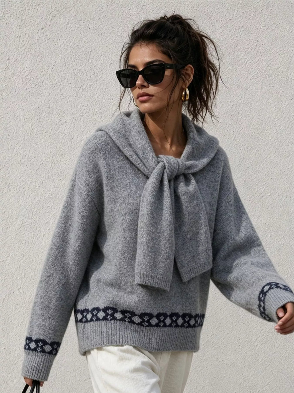Scarf Detail Dropped Shoulder Sweater
