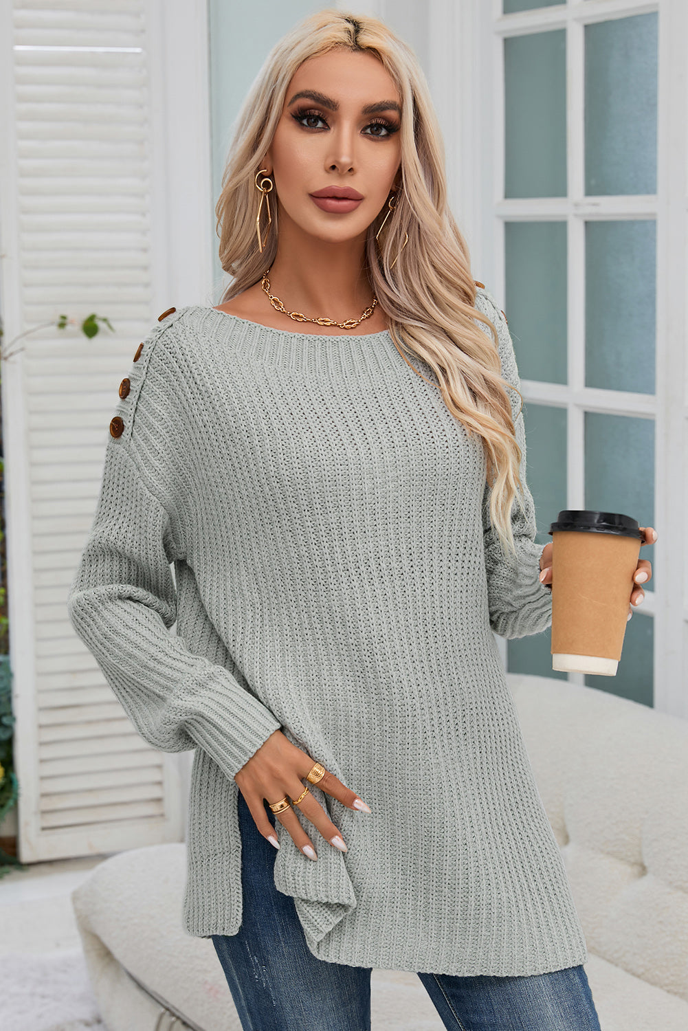 Solid Buttoned Drop Shoulder Sweater