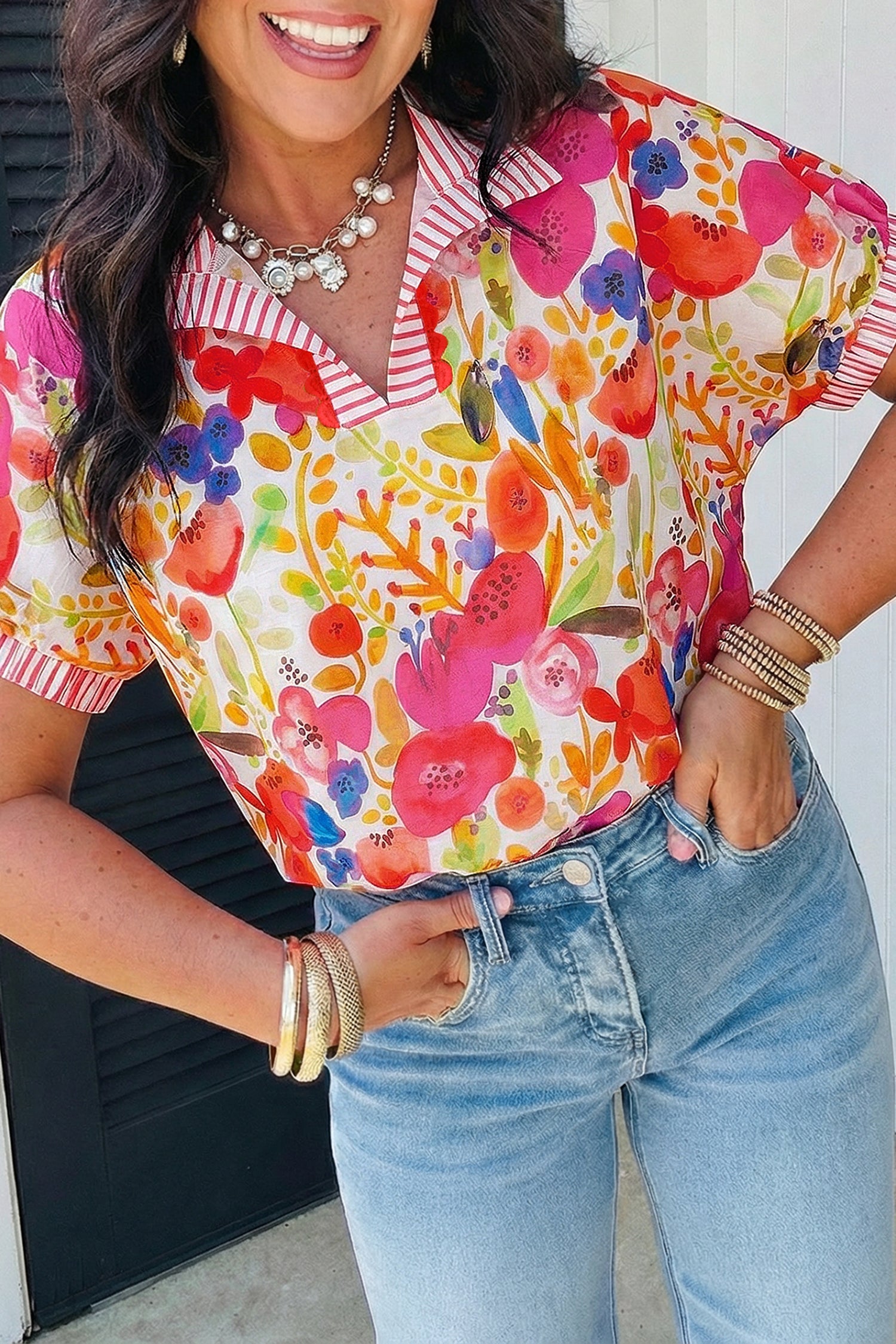 Rose Striped Trim Collared V Neck Short Sleeve Floral Print Blouse