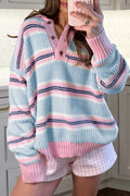 Stripe Striped Button Collar Long Sleeve Shift Fit Winter Knitwear Sweater