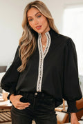Black Puffy Flounce Sleeve Leopard Trim V Neck Blouse