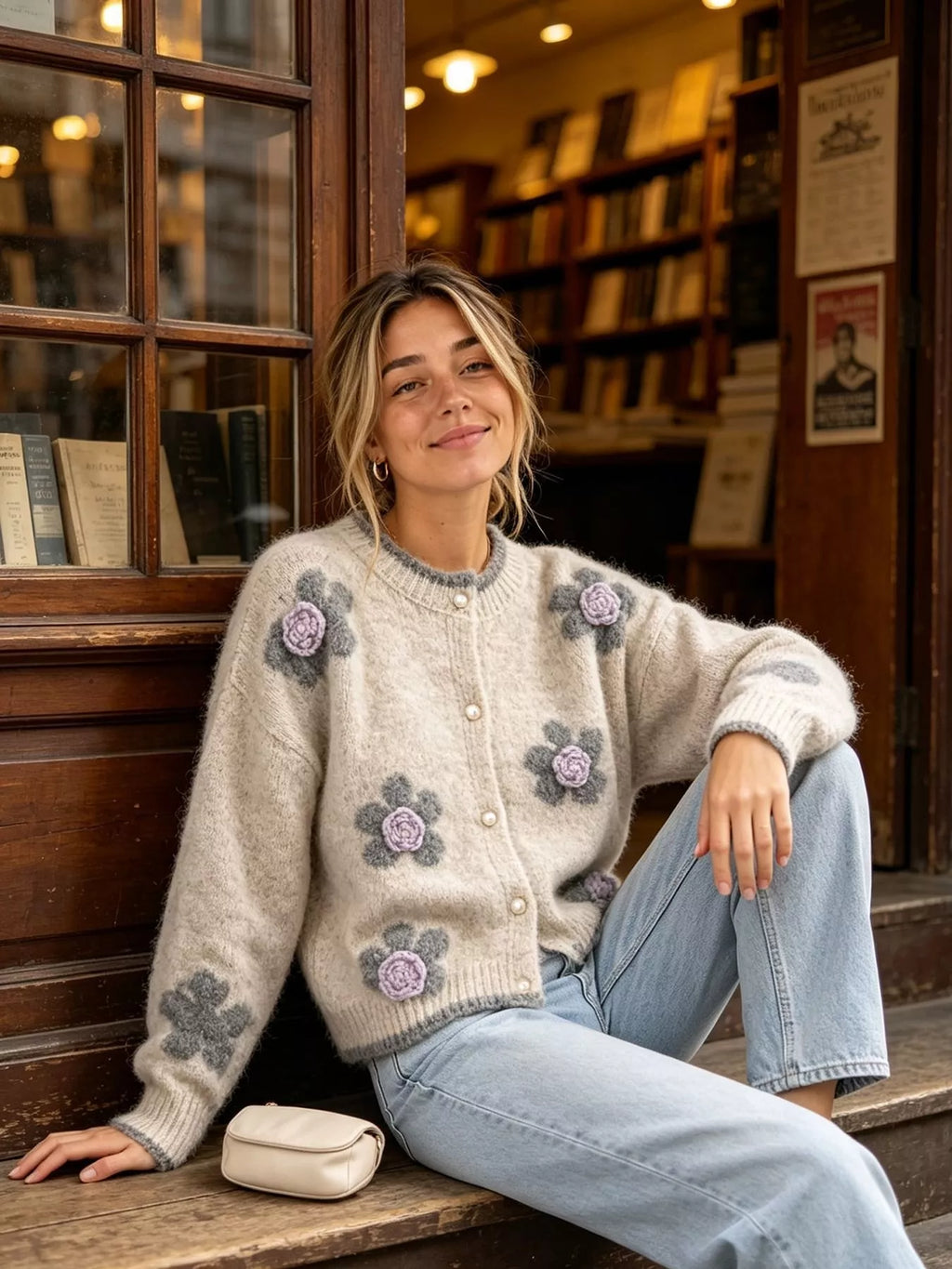 Floral Applique Button-Down Knit Cardigan