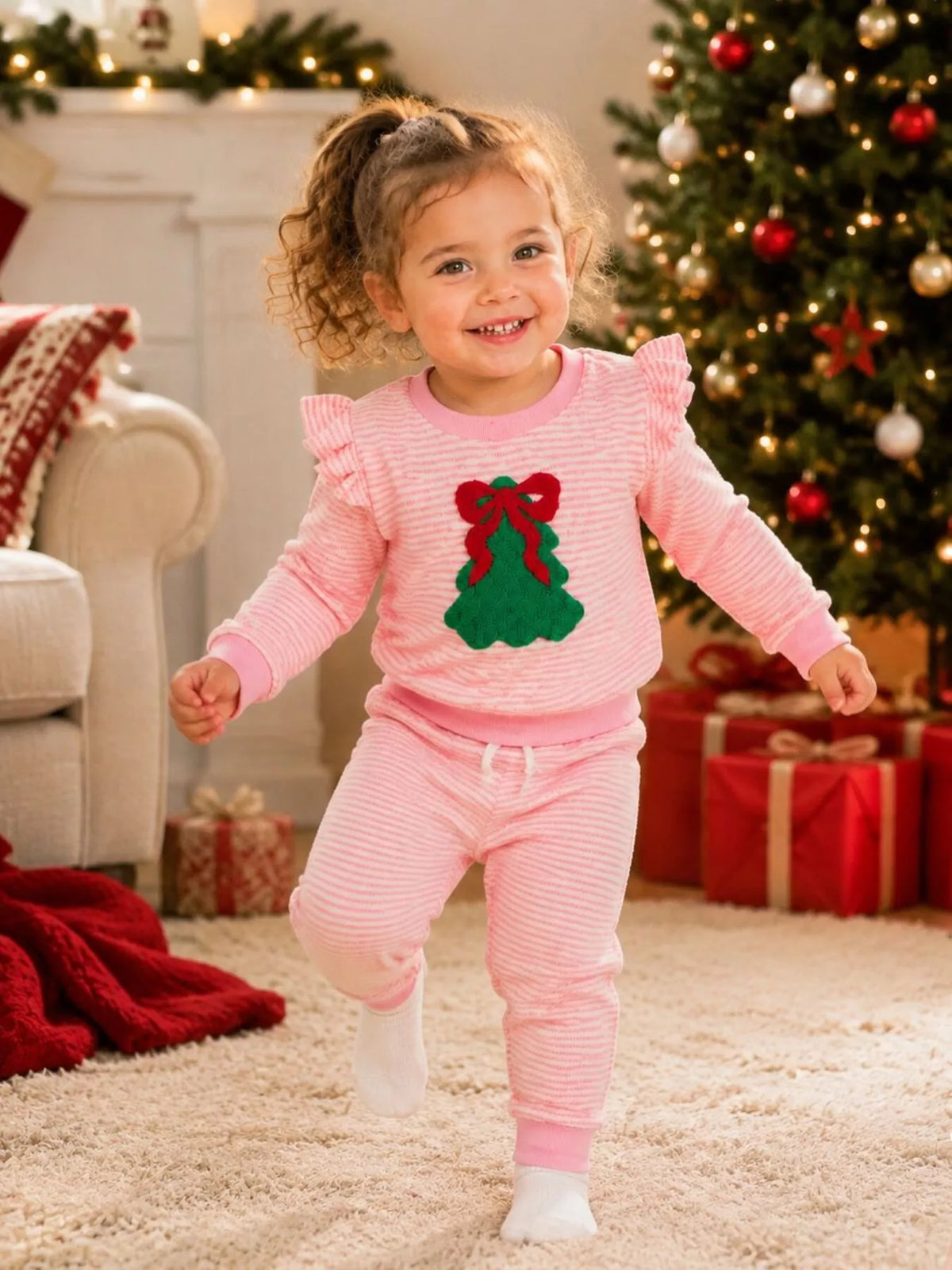 Children's Striped Christmas Tree Ruffle Pajama Set