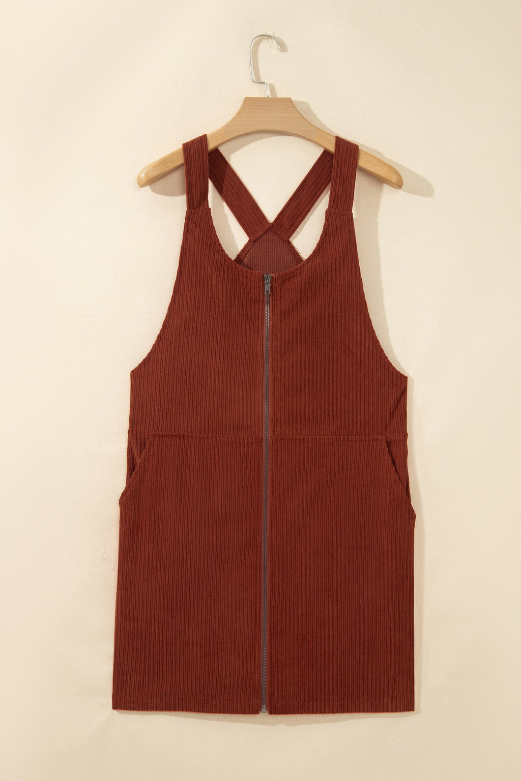 Clay Ribbed Corduroy Zip-Up Sleeveless Pocket Sheath Dress