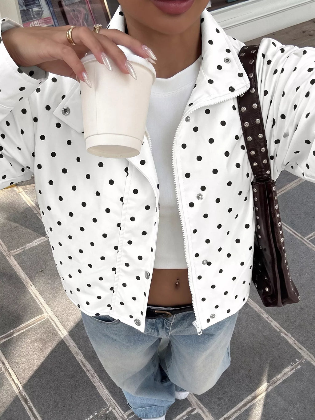 Polka Dot Zip Up Cropped Jacket