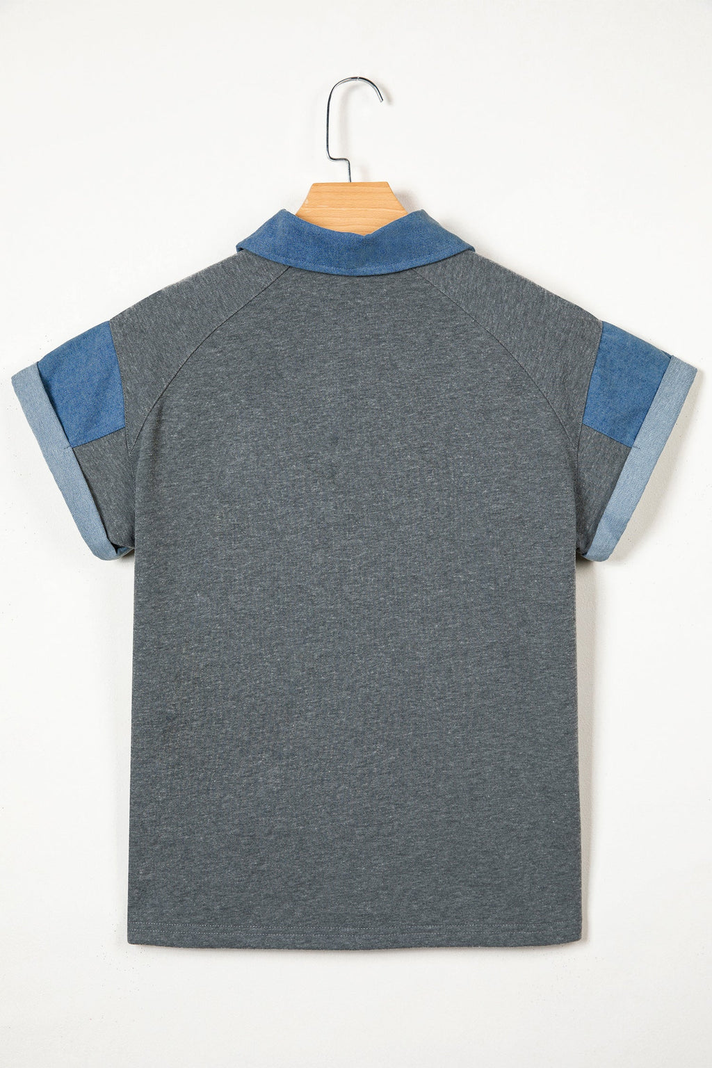 Carbon Grey Denim Color Block Patchwork Shirt Collar Short Sleeve Blouse