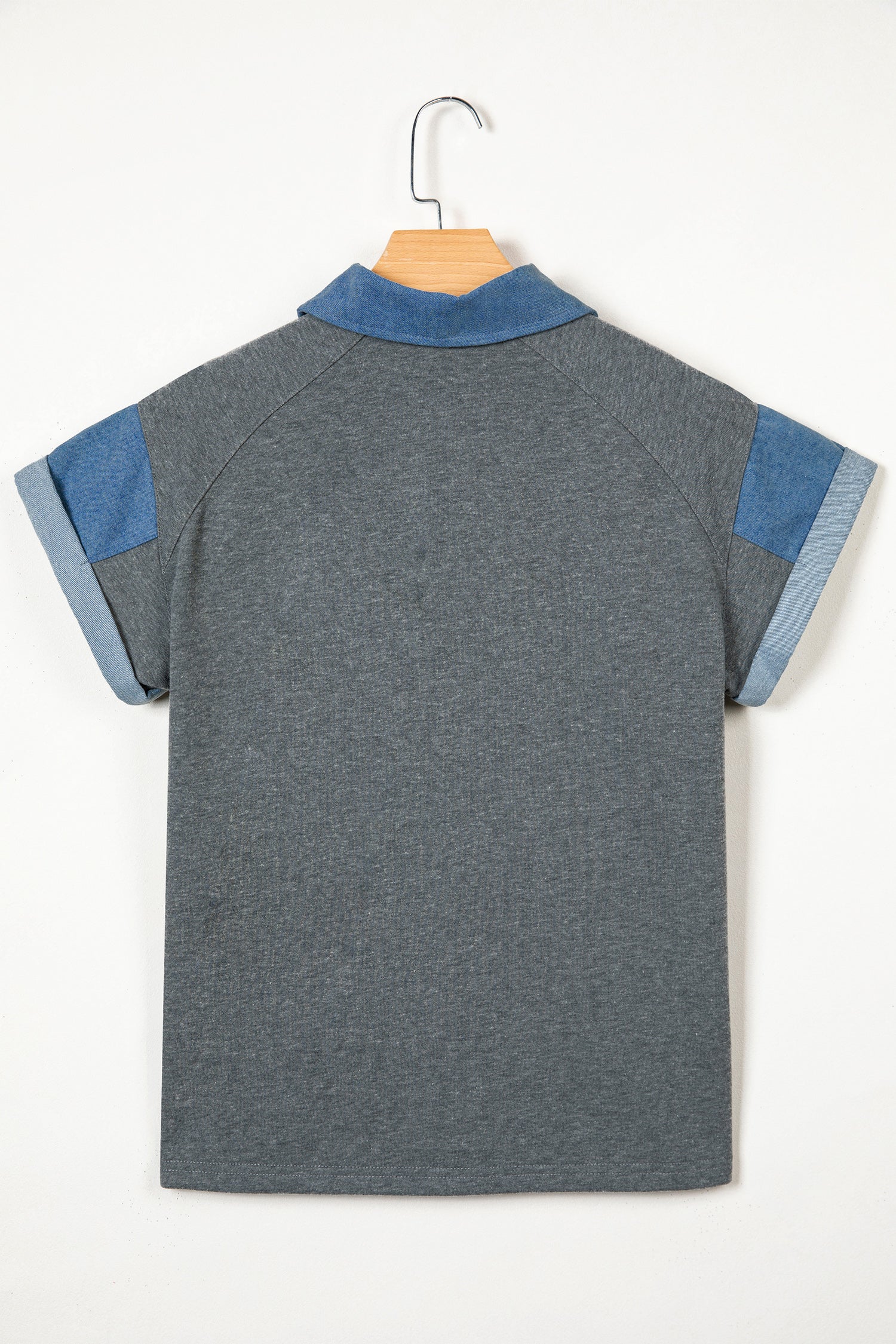 Carbon Grey Denim Color Block Patchwork Shirt Collar Short Sleeve Blouse