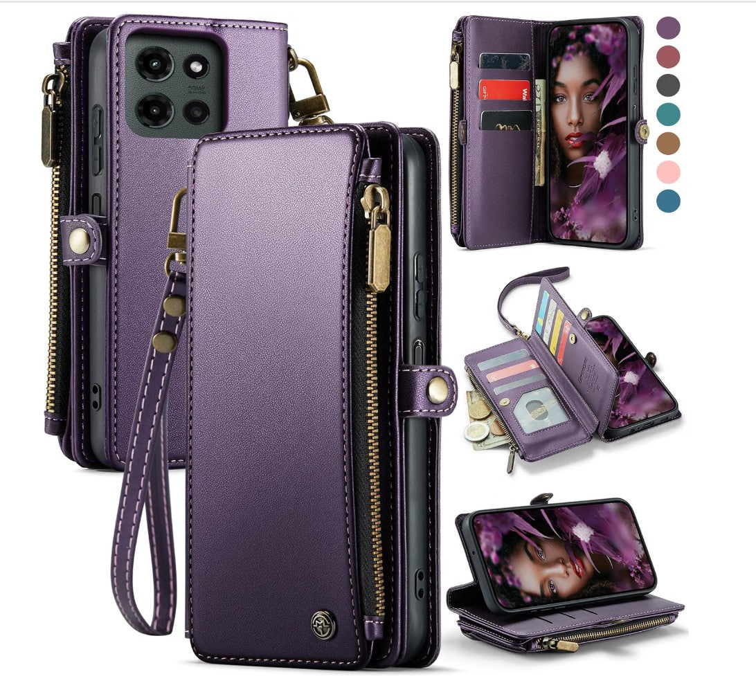 Wallet Case for Motorola Moto G 5G 2025, Folio with Card Slots Zip Pocket and Wrist Strap, Purple