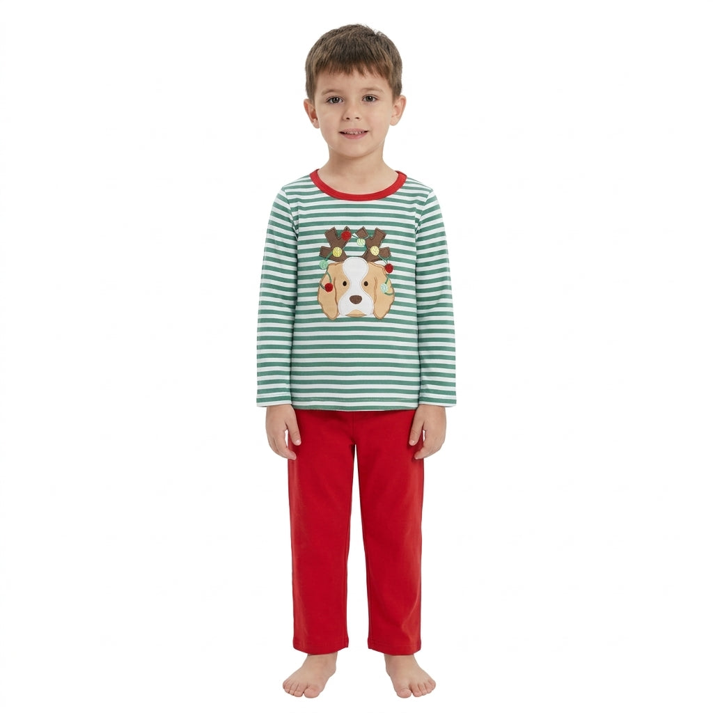 Stripe dog Christmas lighting embroidery boys outfits