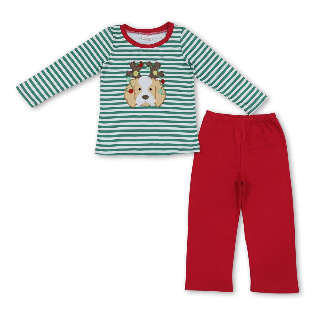 Stripe dog Christmas lighting embroidery boys outfits