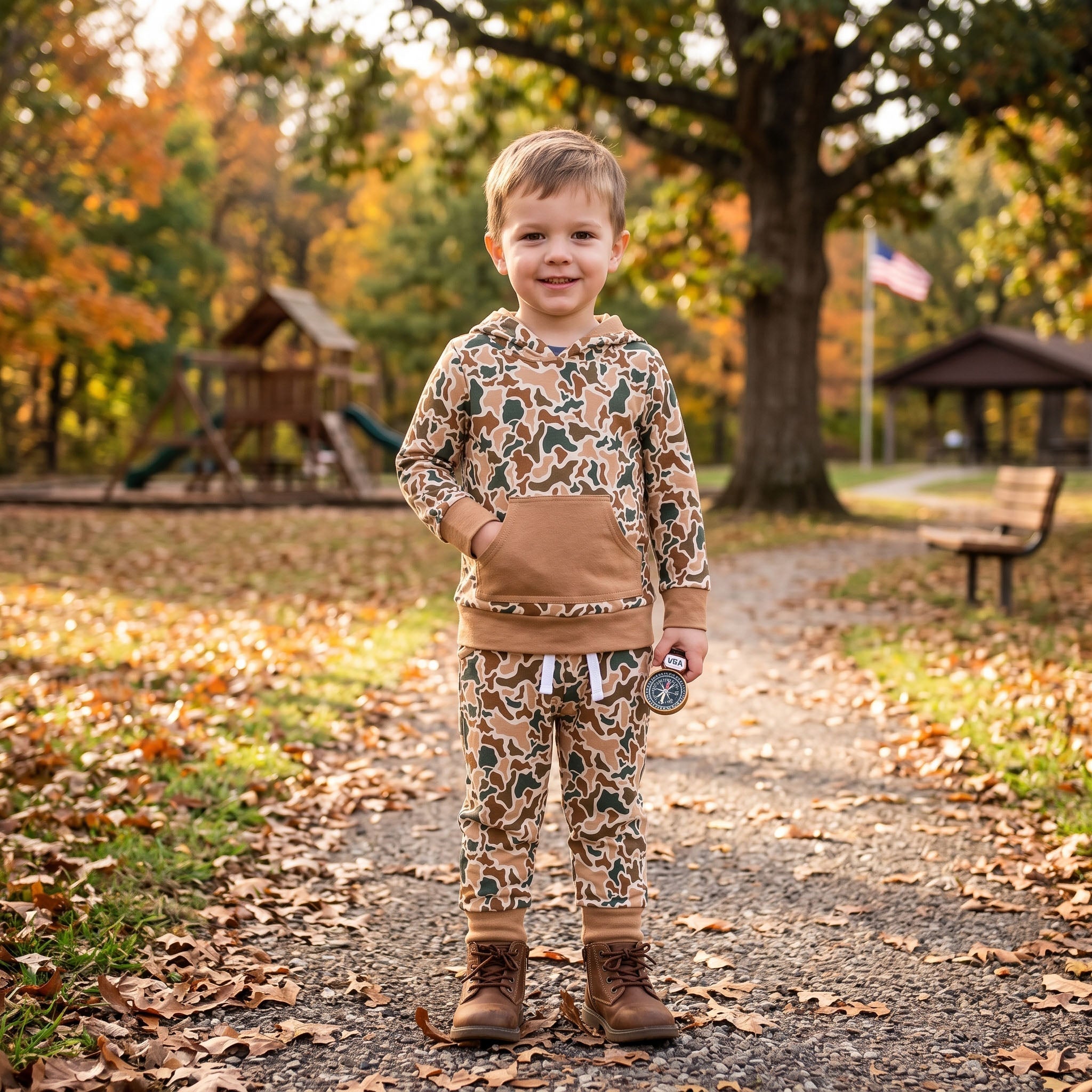 Long sleeves pocket camo hoodie pants boy fall clothes
