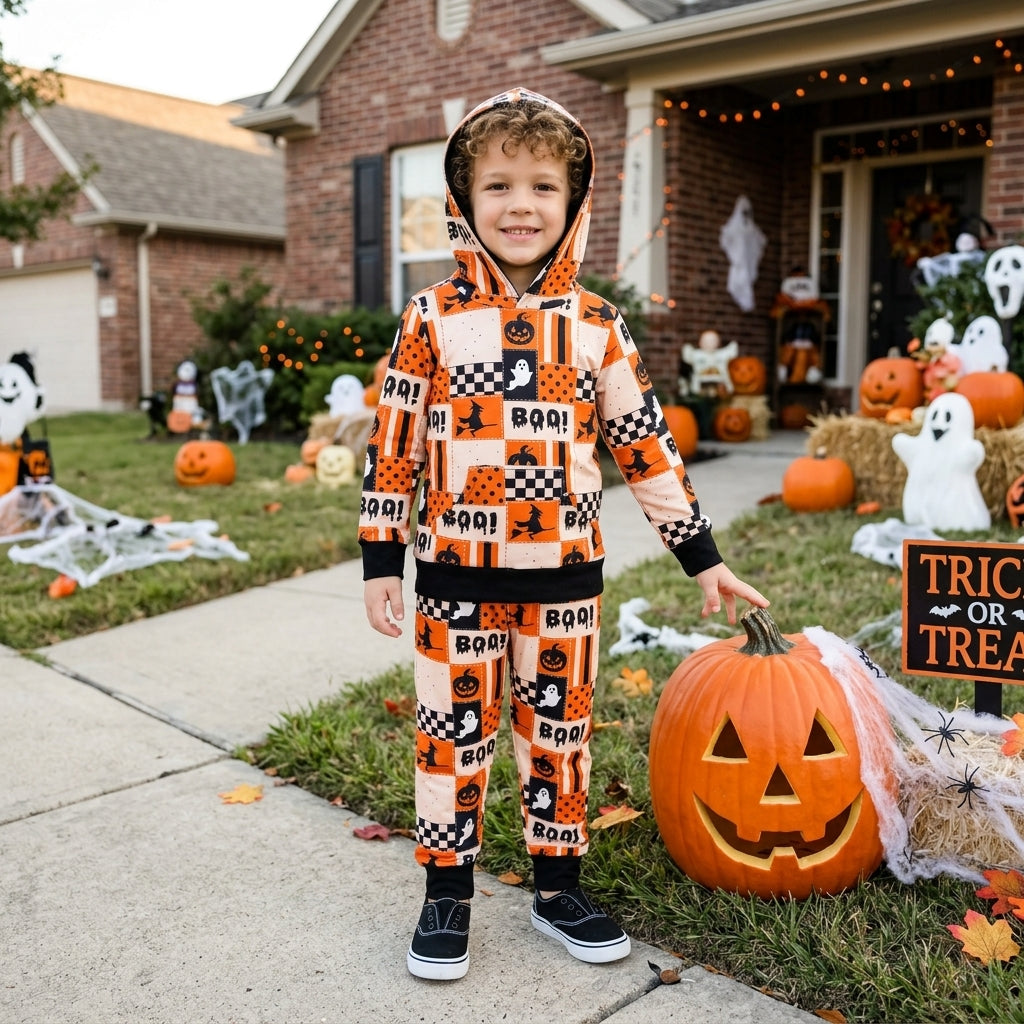 Long sleeves boo ghost pumpkin kids Halloween hoodie set