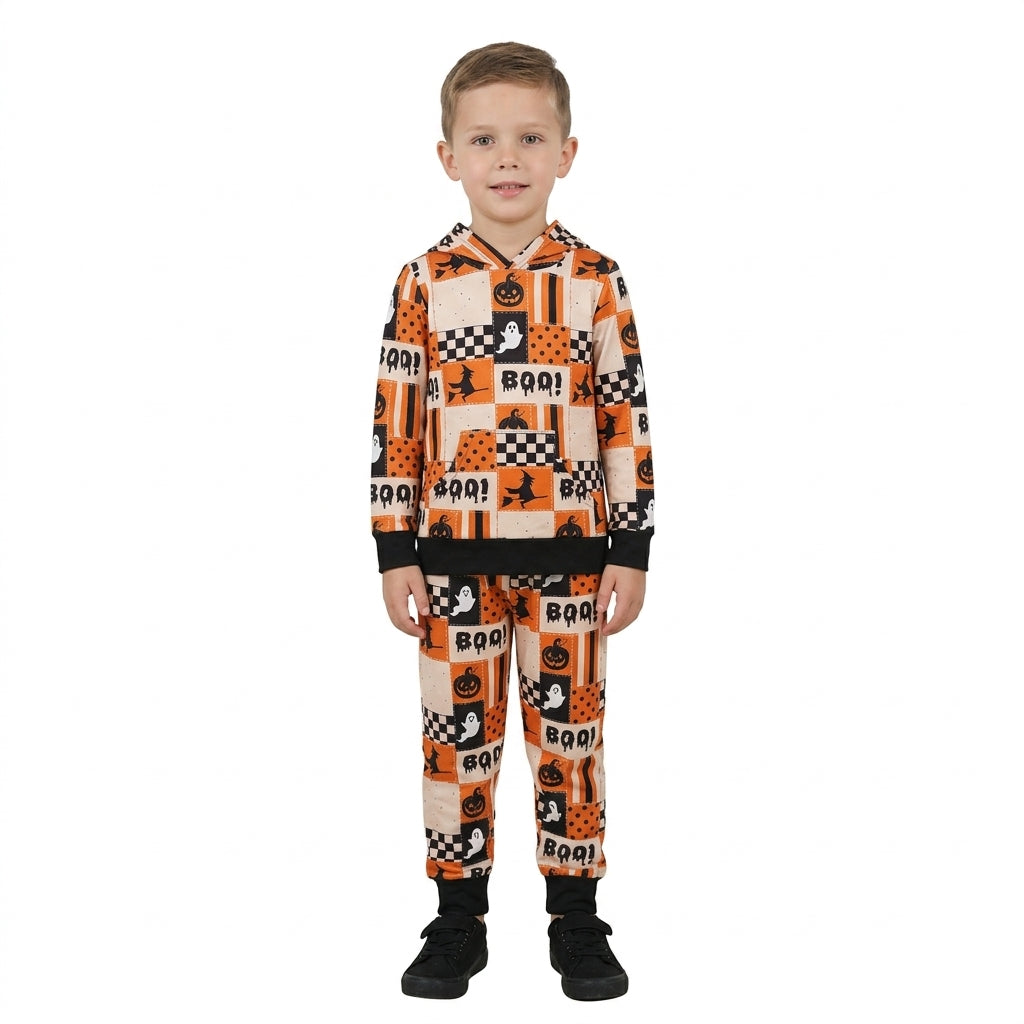 Long sleeves boo ghost pumpkin kids Halloween hoodie set