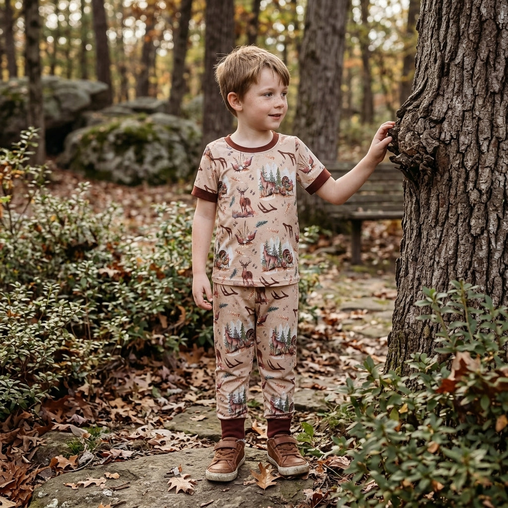 Brown short sleeves deer turkey kids boys pajamas