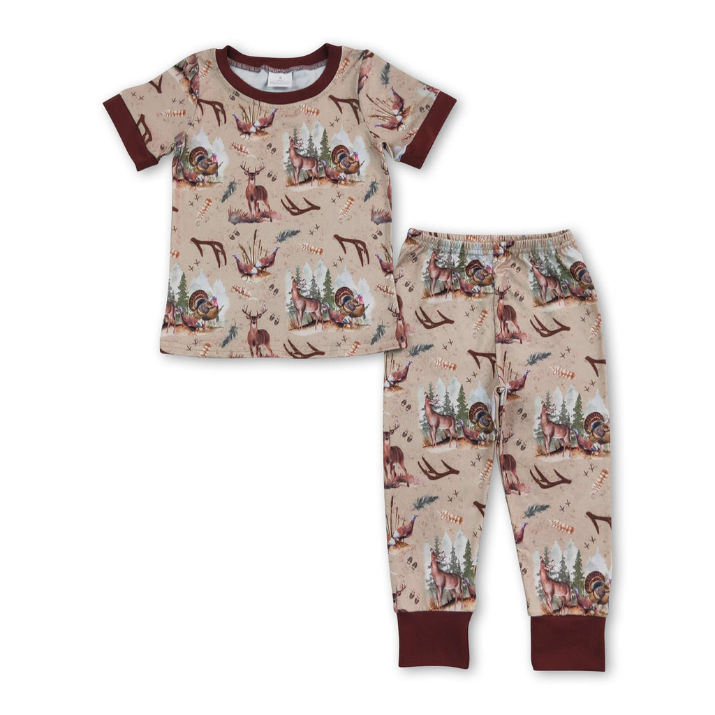 Brown short sleeves deer turkey kids boys pajamas
