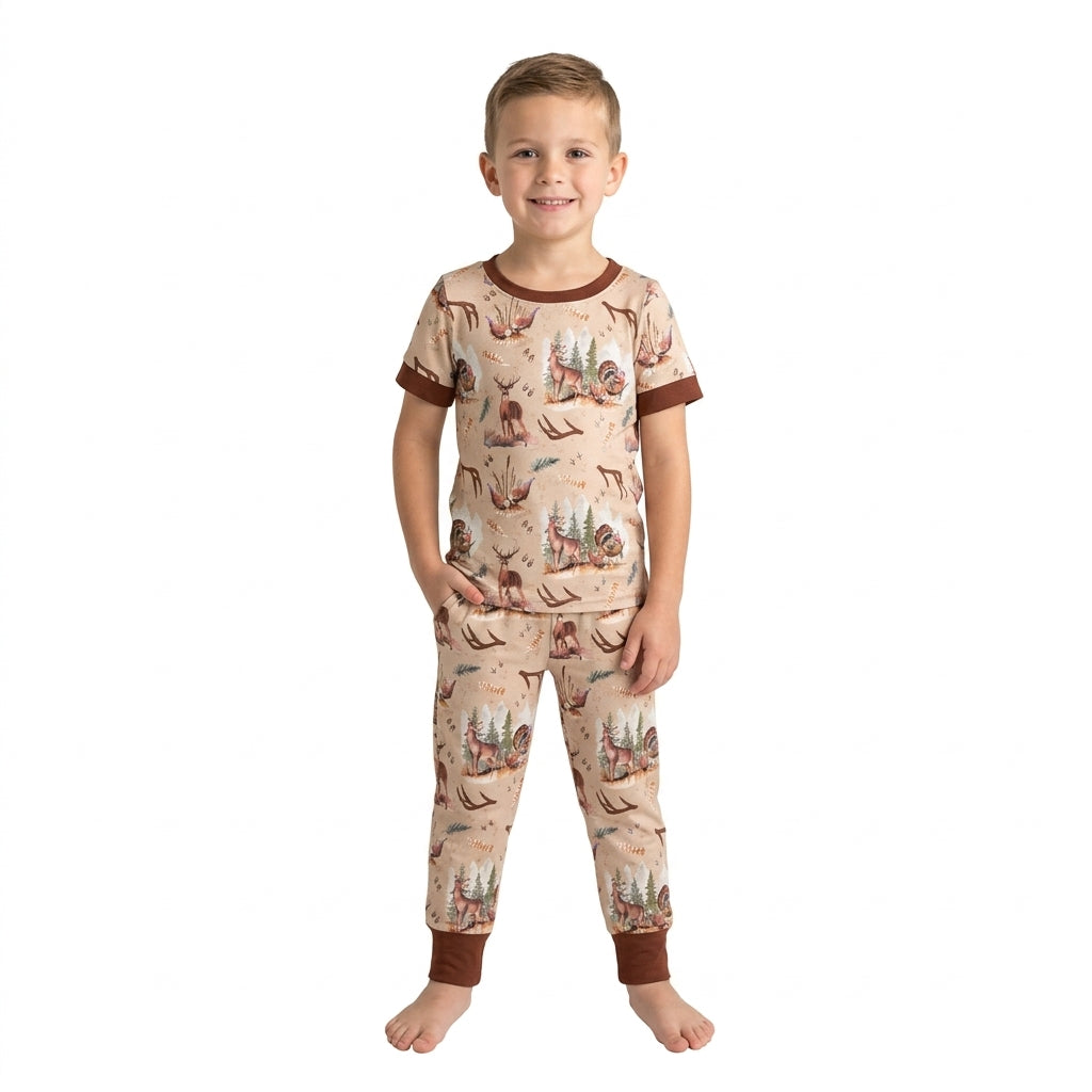 Brown short sleeves deer turkey kids boys pajamas