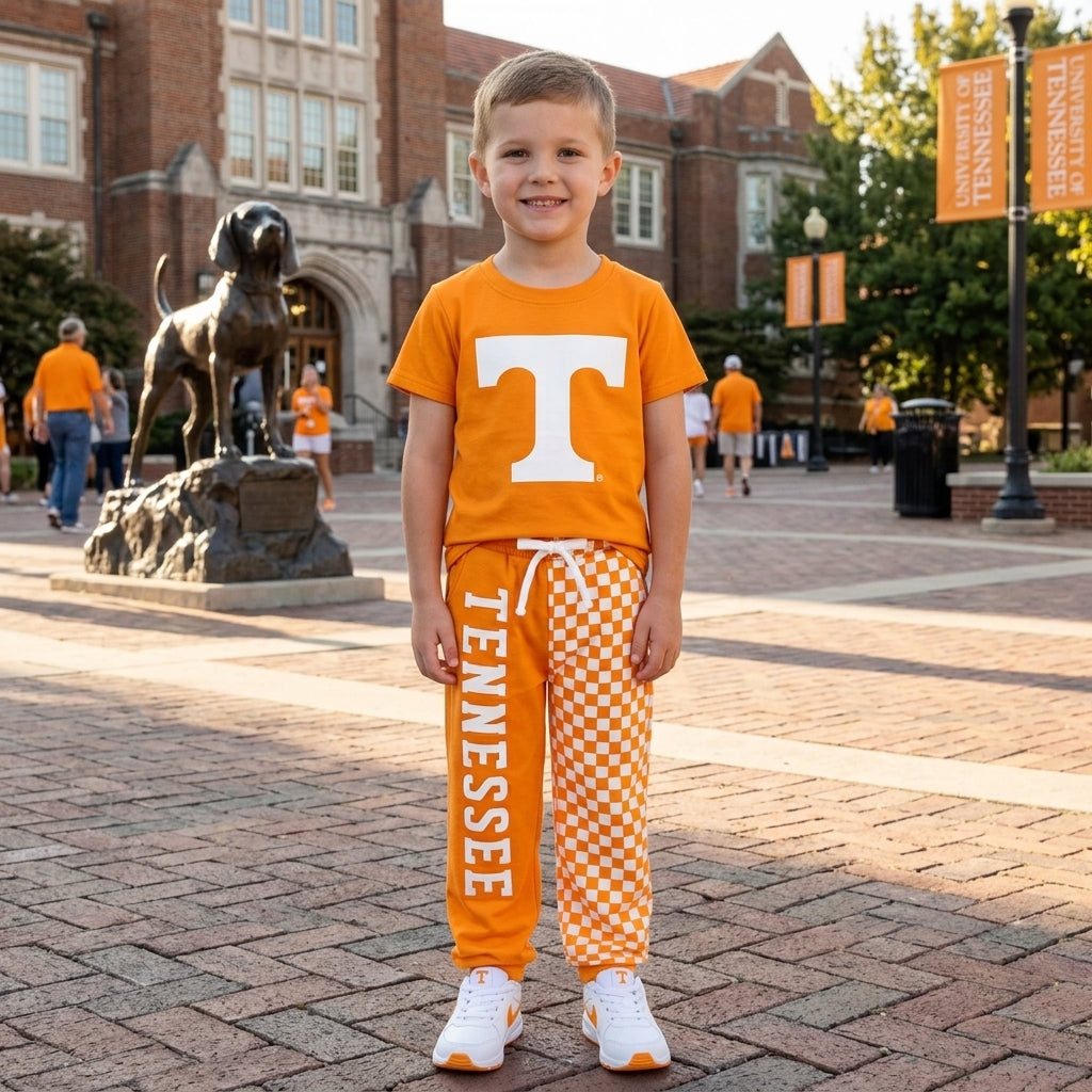 Short sleeves orange T top plaid pants kids boys team outfits