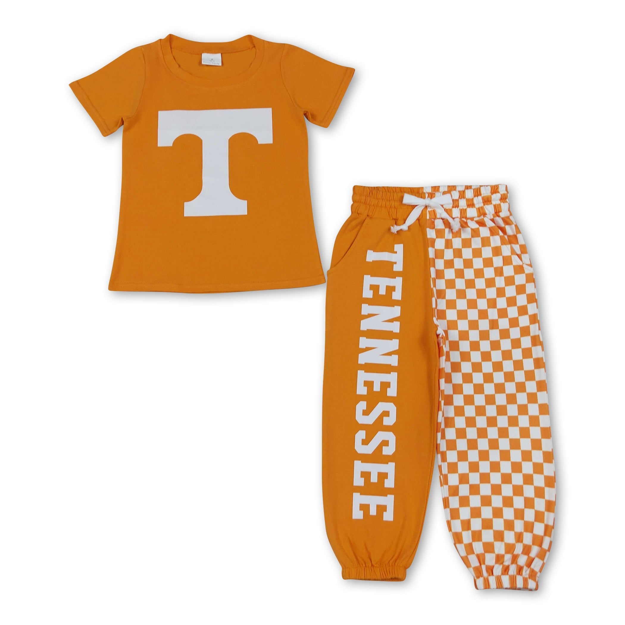Short sleeves orange T top plaid pants kids boys team outfits