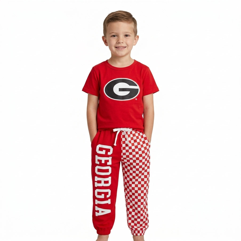 Short sleeves red G top plaid pants kids boys team outfits
