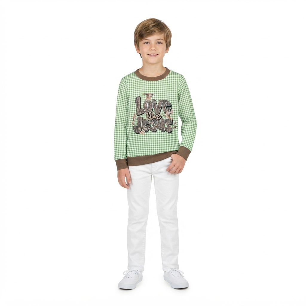 Green plaid long sleeves love like jesus duck boys shirt