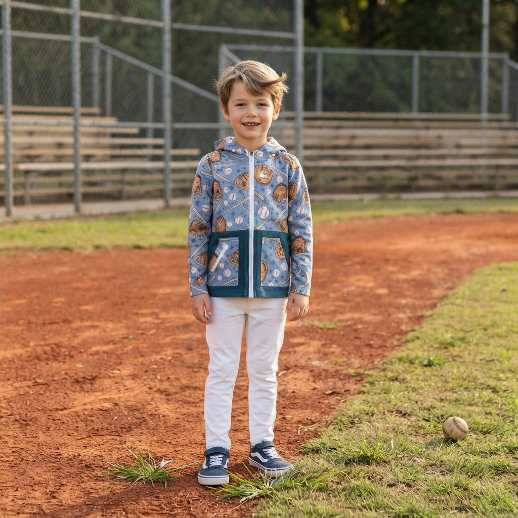 Long sleeves baseball pockets hooded kids jacket