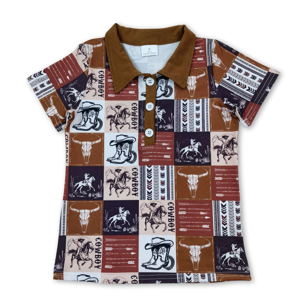 Short sleeves bull skull rodeo western boys polo shirt