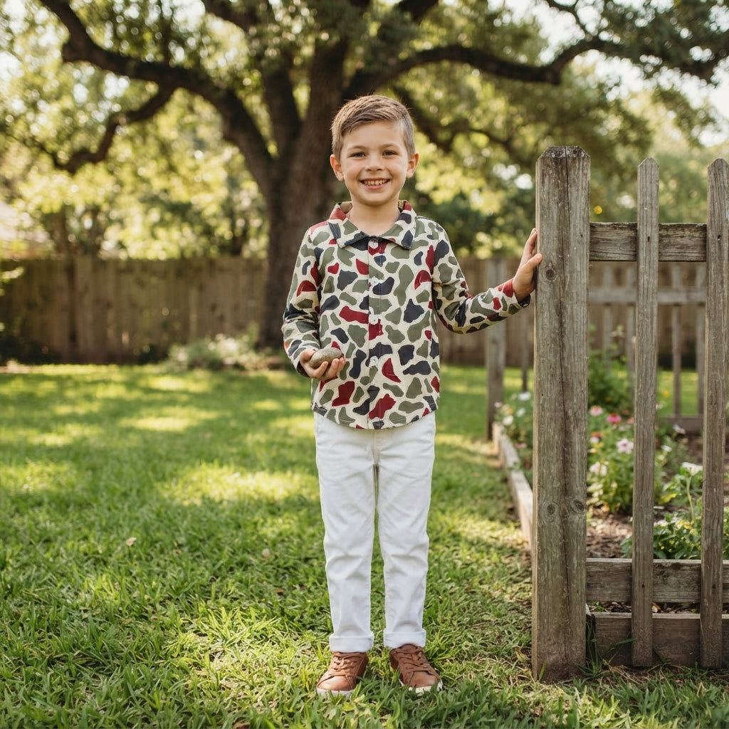 Long sleeves camo santa boys Christmas button down shirt