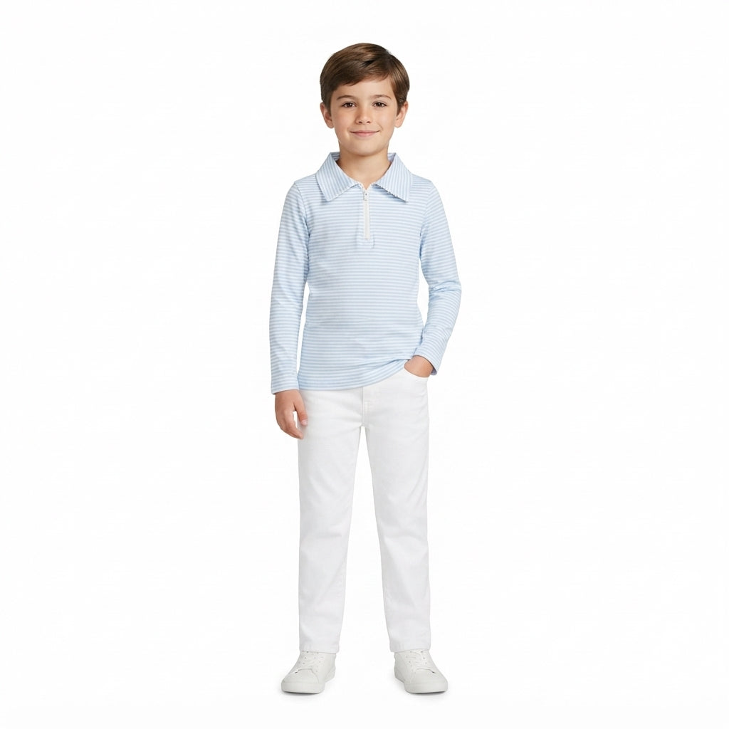 Long sleeves light blue stripe kids boys zipper pullover