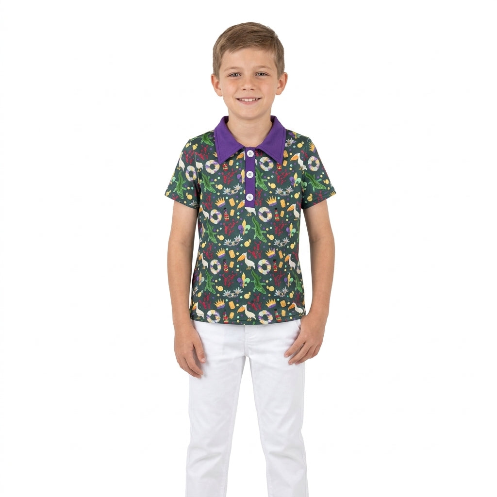 Crocodile pelican kids boys Mardi Gras polo shirt