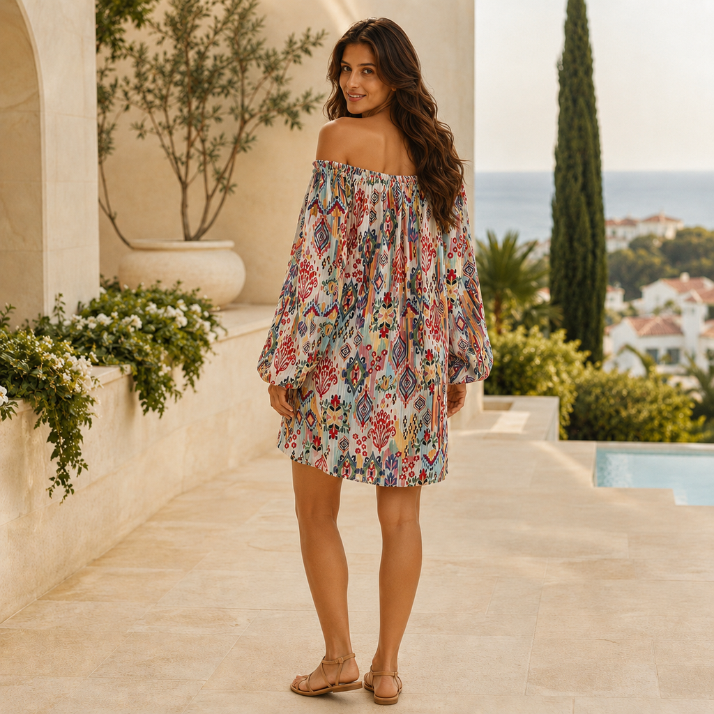 Boho Off Shoulder Balloon Sleeve Mini Dress