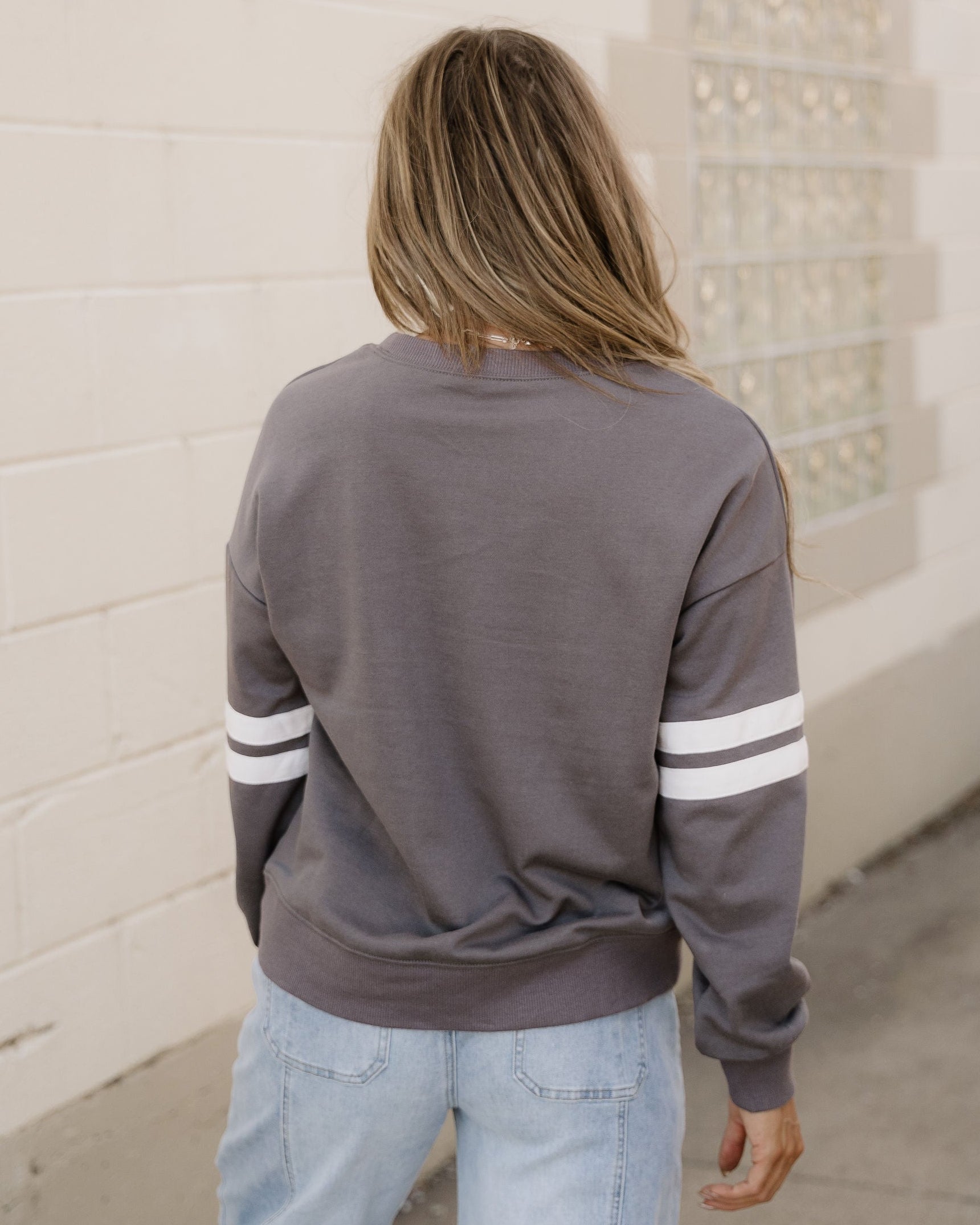 Varsity Striped Sleeve Loose Sweatshirt - Dark Gray