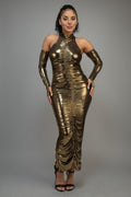 Metallic Ruched Dress With Sleeves