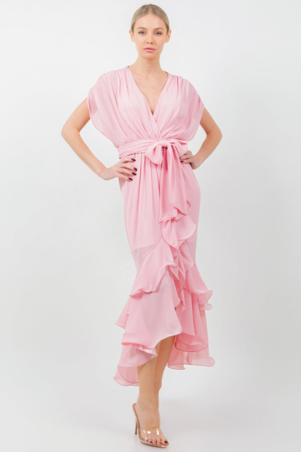 Solid Tie Waist Ruffle Midi Dress