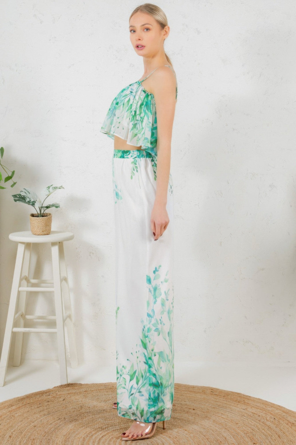 Printed Crop Top & Wide Leg Long Pants Set
