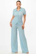 Textured Polo Top And Pants Set