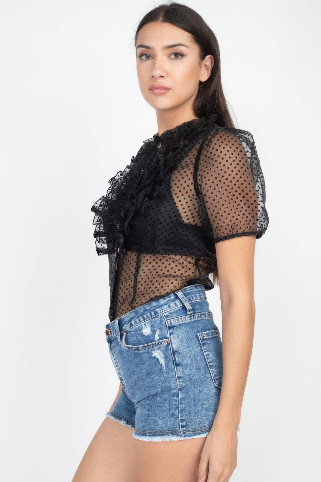 Sheer Ruffle-trim Dot Top