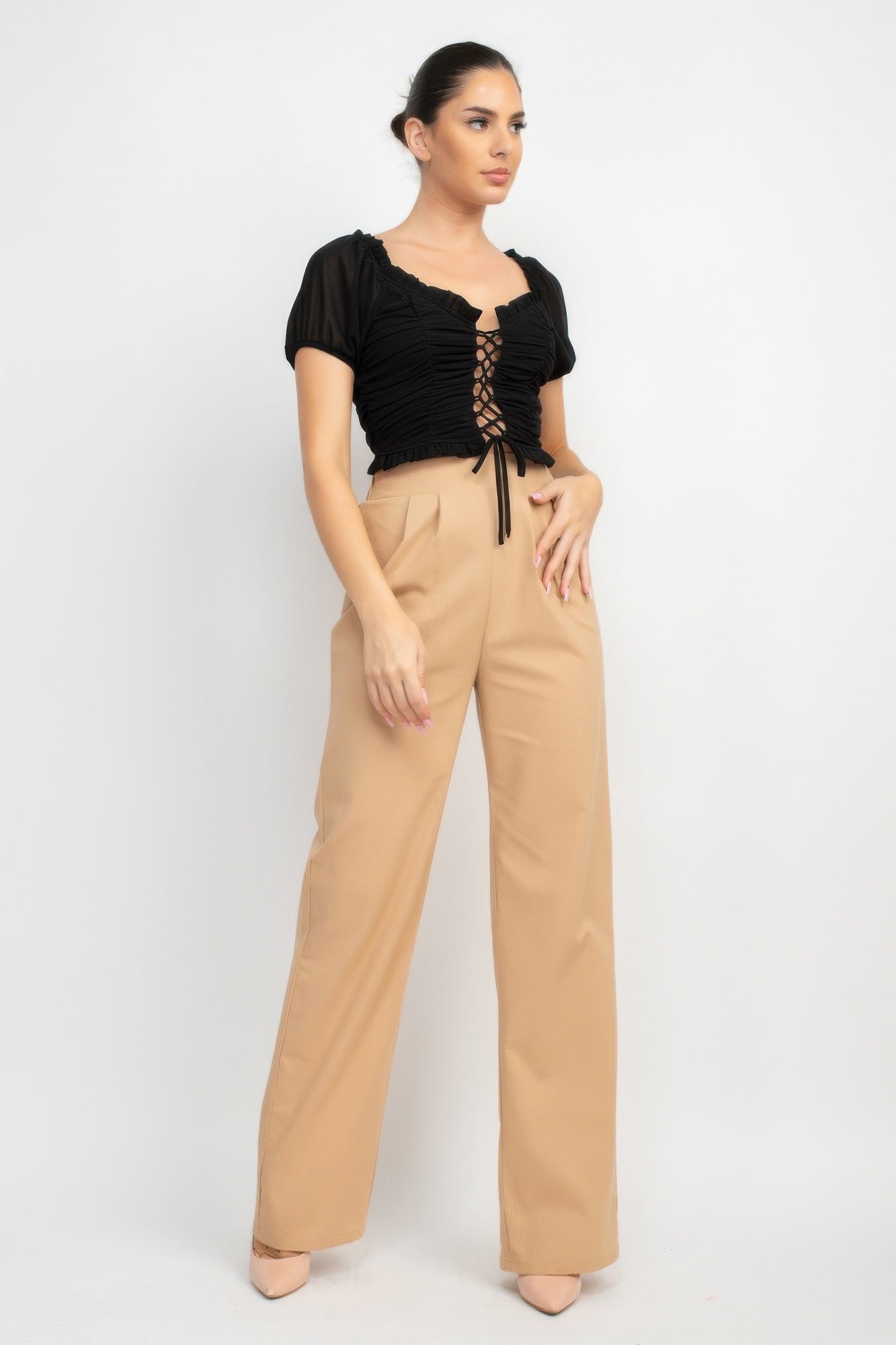 Back Shirred Ruffled Lace-up Crop Top