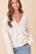 Hand Sewn Satin Ribbon Detail On Sleeve Cardigan